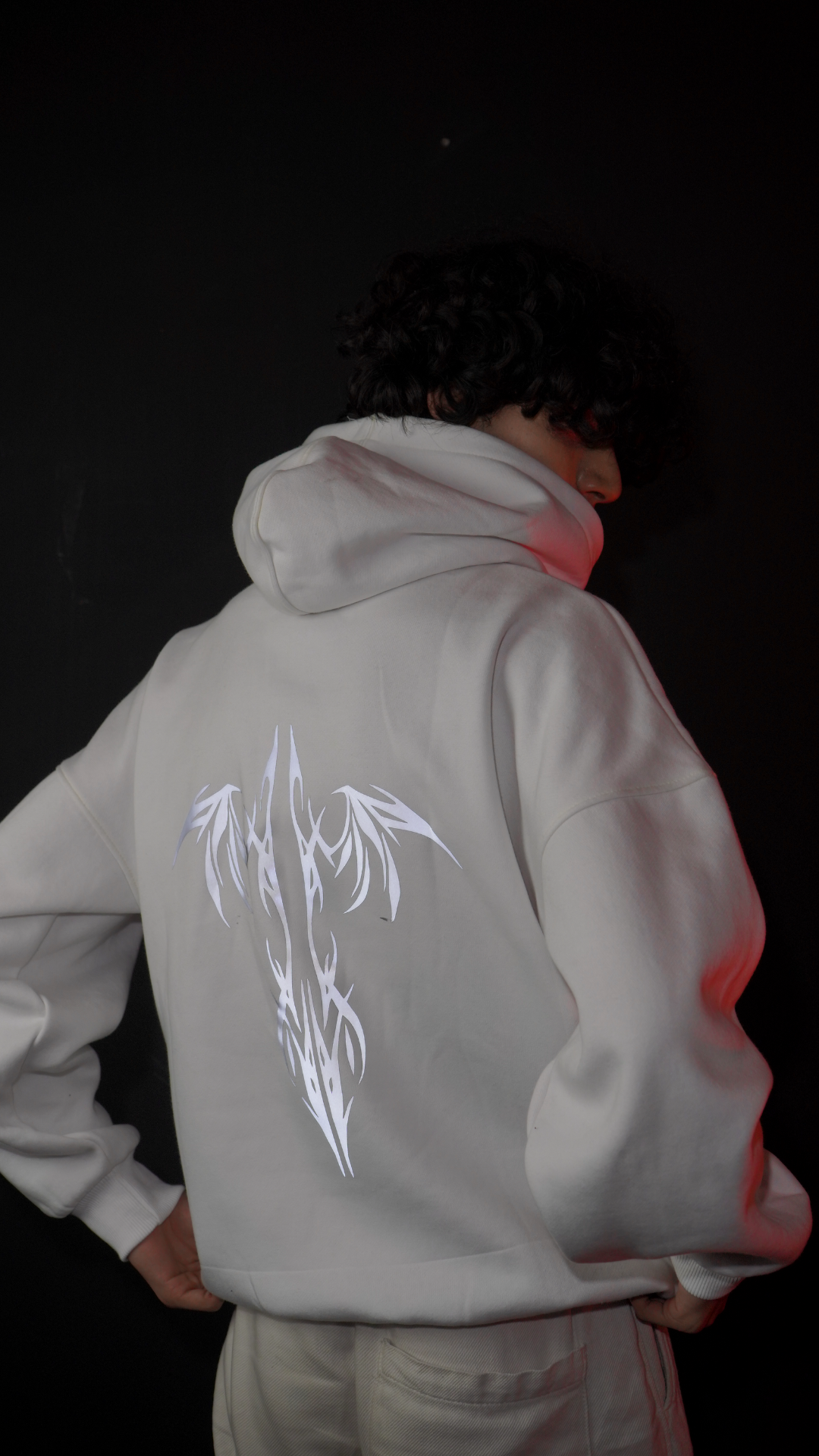 Lumenwears Reflective Tribal Graphic White Hoodie – Unisex Oversized Drop Shoulder Fit