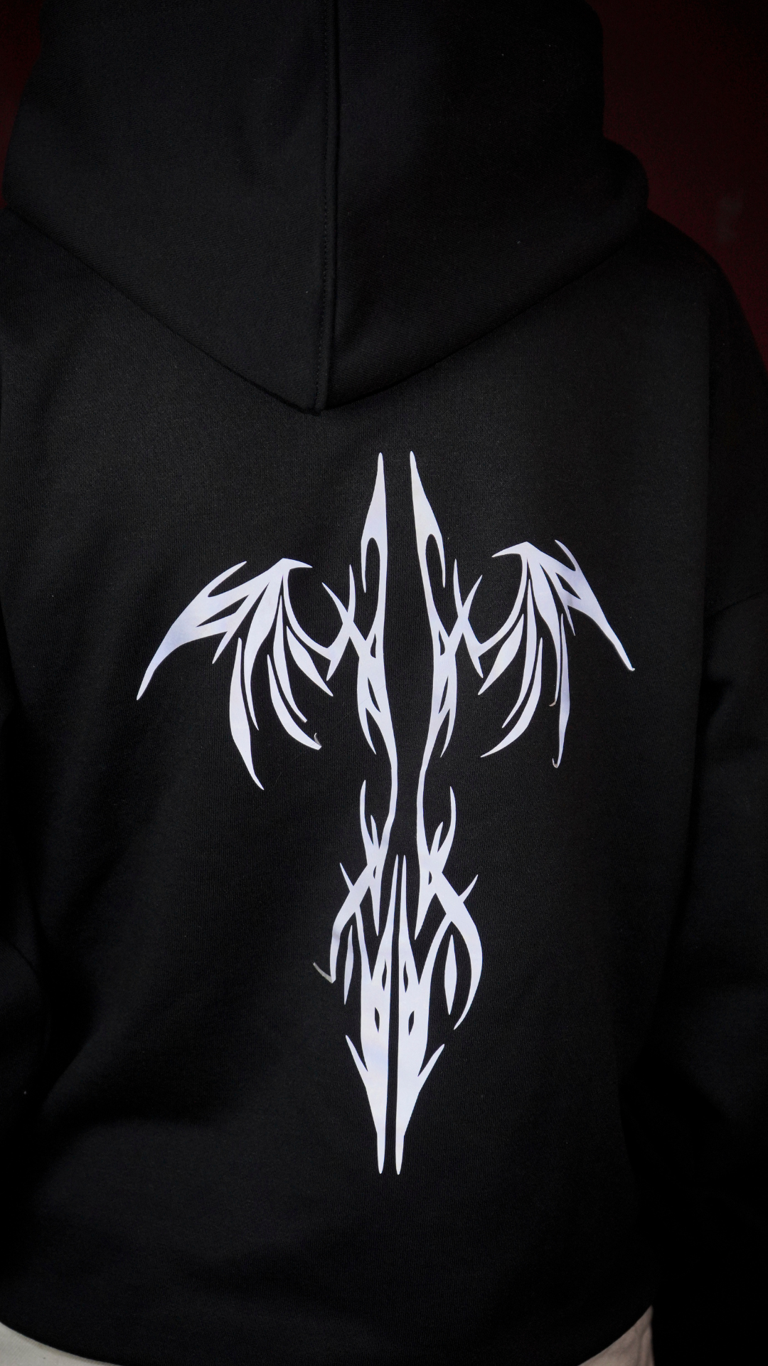 Lumen Wear Unisex Reflective Tribal Hoodie – Oversized Drop Shoulder (Black)
