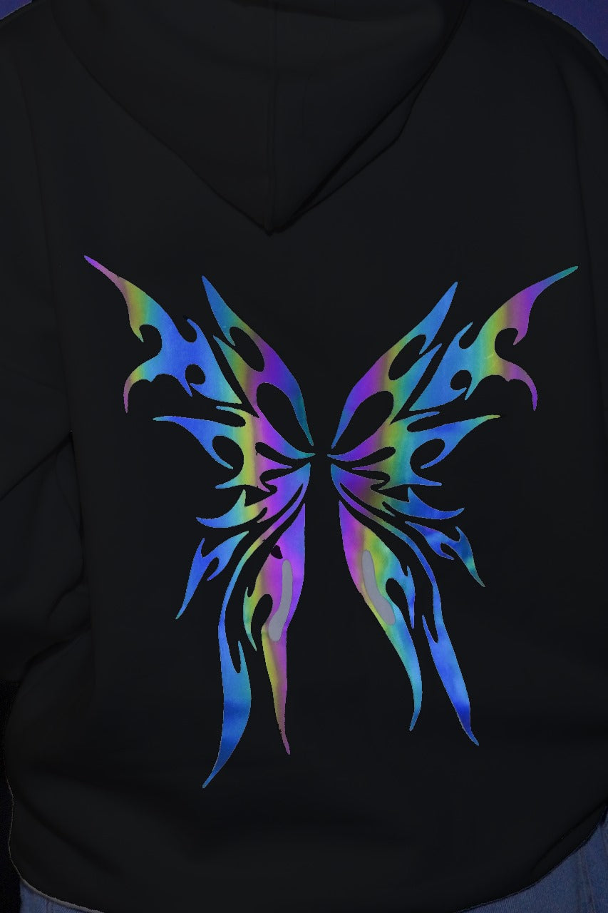 Luminwears Reflective Butterfly Graphic Black Hoodie – Oversized | Regular Drop Shoulder | Multicolor Reflection | For Girls & Ladies