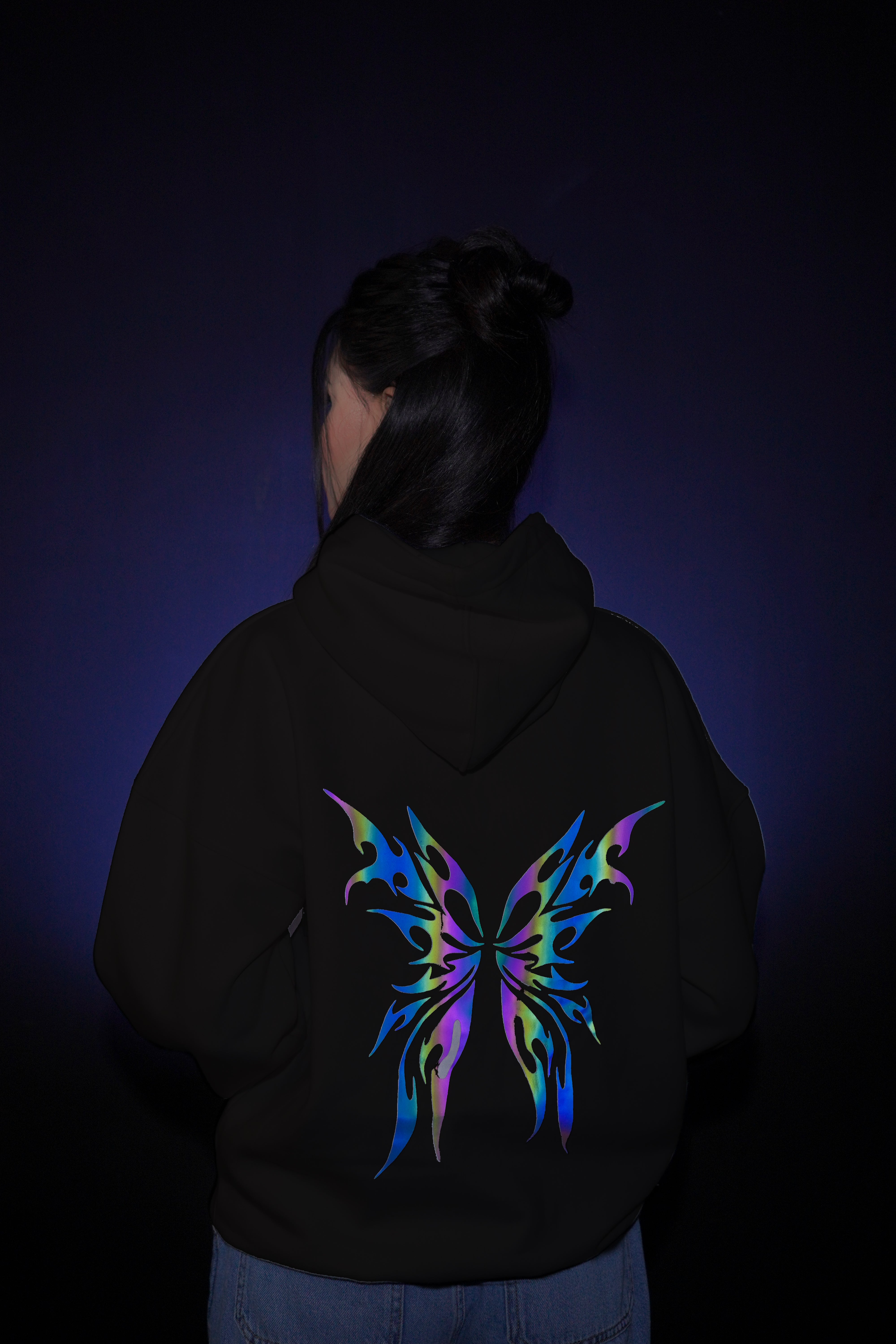 Luminwears Reflective Butterfly Graphic Black Hoodie – Oversized | Regular Drop Shoulder | Multicolor Reflection | For Girls & Ladies