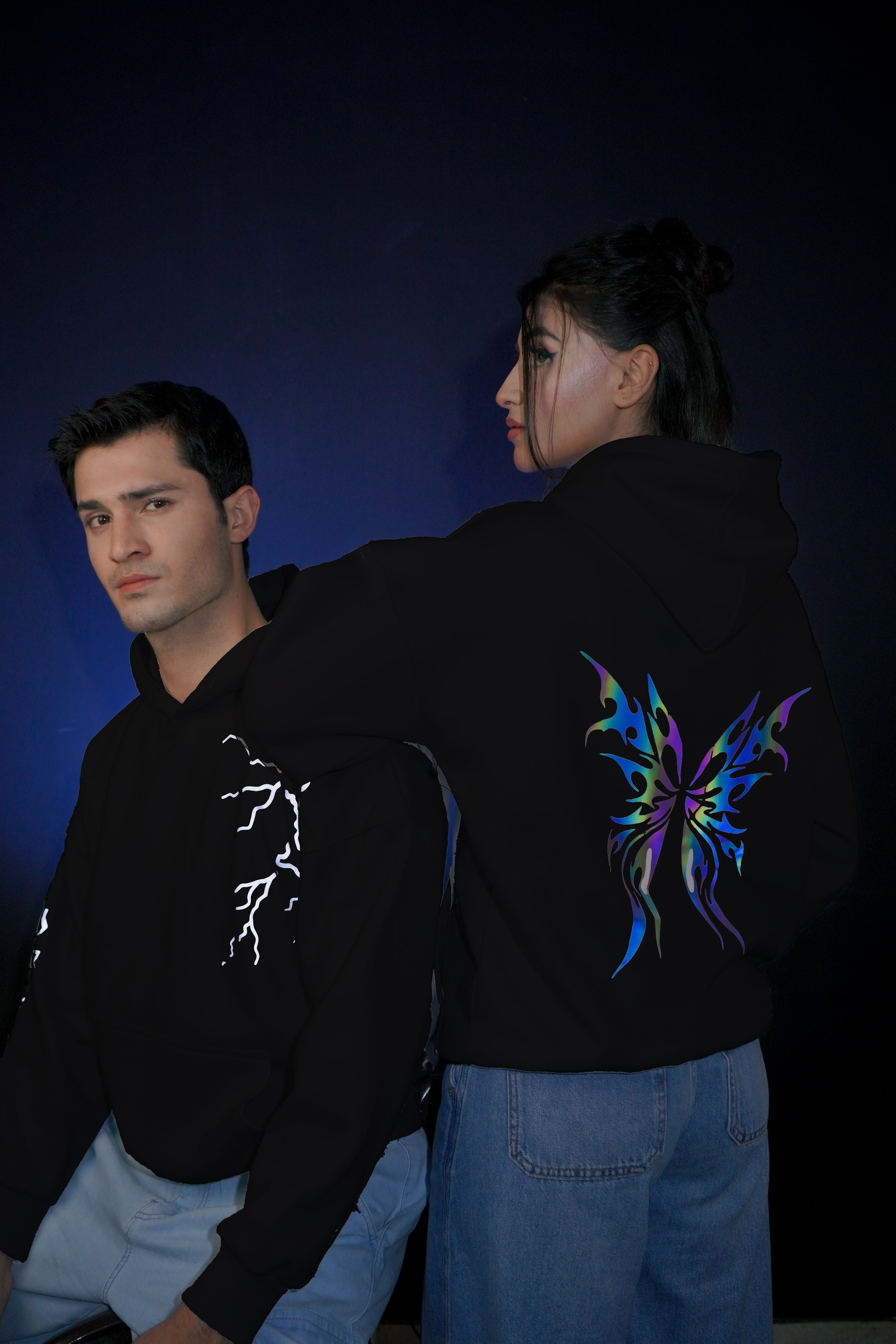 Luminwears Reflective Butterfly Graphic Black Hoodie – Oversized | Regular Drop Shoulder | Multicolor Reflection | For Girls & Ladies