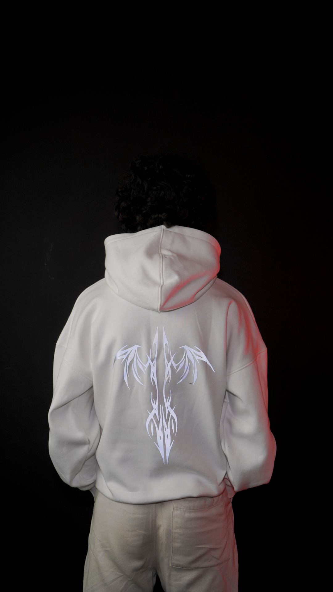 Lumenwears Reflective Tribal Graphic White Hoodie – Unisex Oversized Drop Shoulder Fit