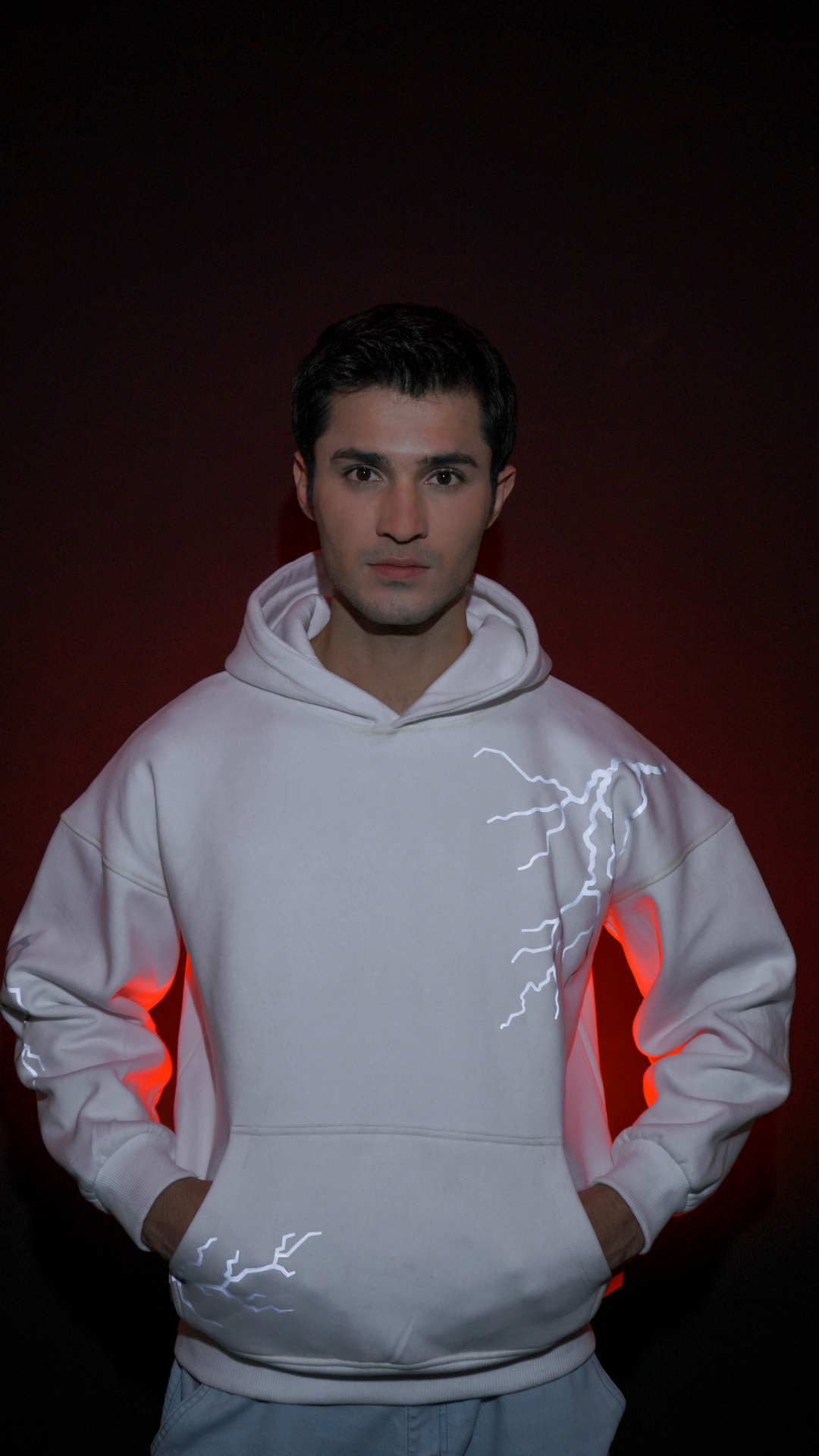 Lumen Wear Reflective Lightning Hoodie – Unisex Oversized Flash Reactive Hoodie (White)
