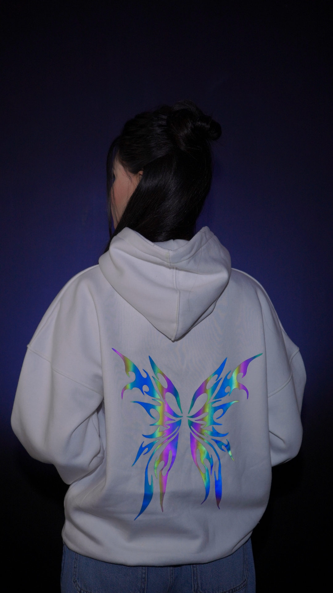 Lumenwears Reflective Butterfly Graphic White Hoodie – Oversized Drop Shoulder | Designed for Girls & Ladies