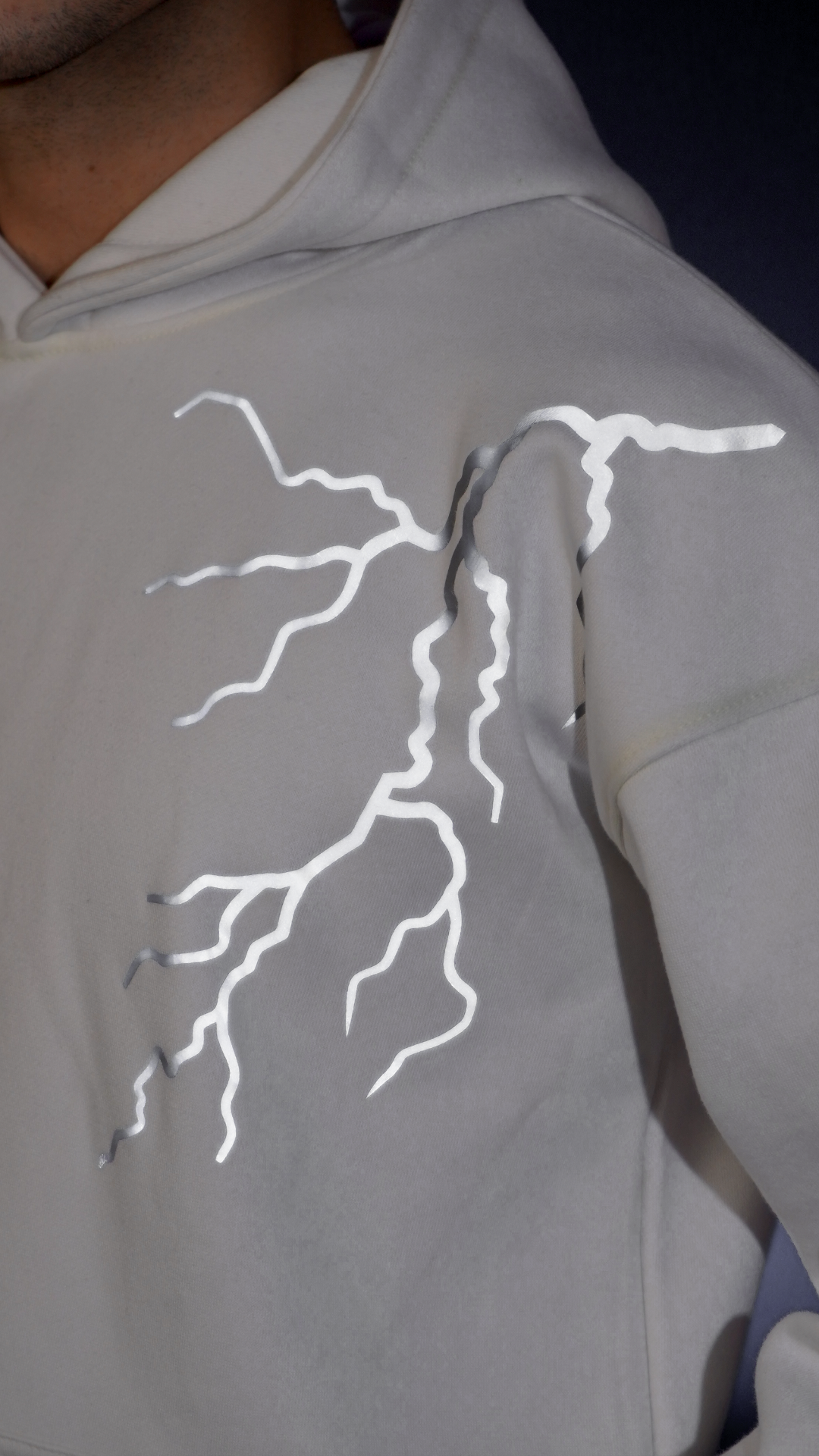 Lumen Wear Reflective Lightning Hoodie – Unisex Oversized Flash Reactive Hoodie (White)