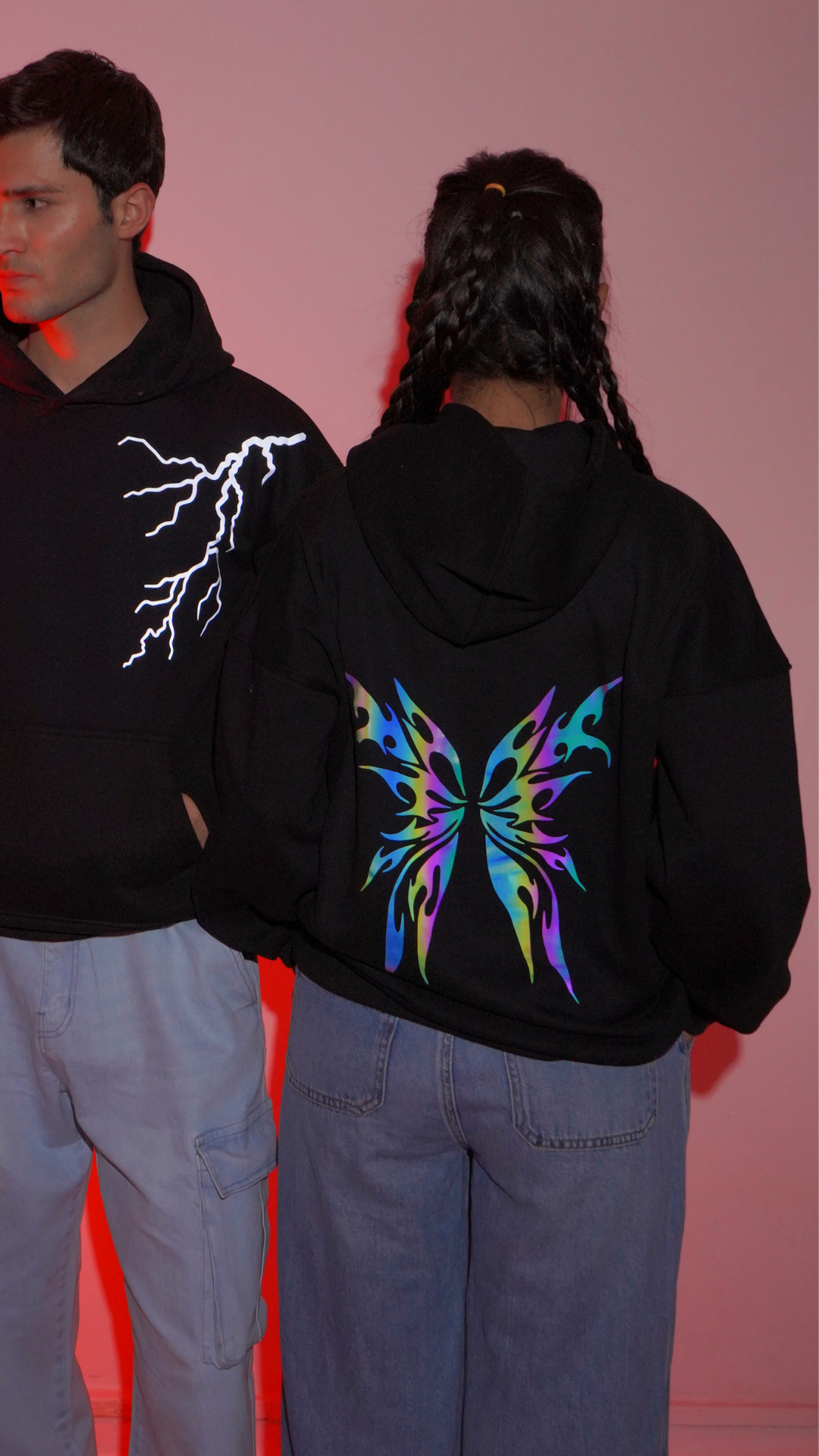 Lumenwears Reflective Butterfly Graphic Black Hoodie – Oversized Drop Shoulder | Multicolor Reflection | For Girls & Ladies