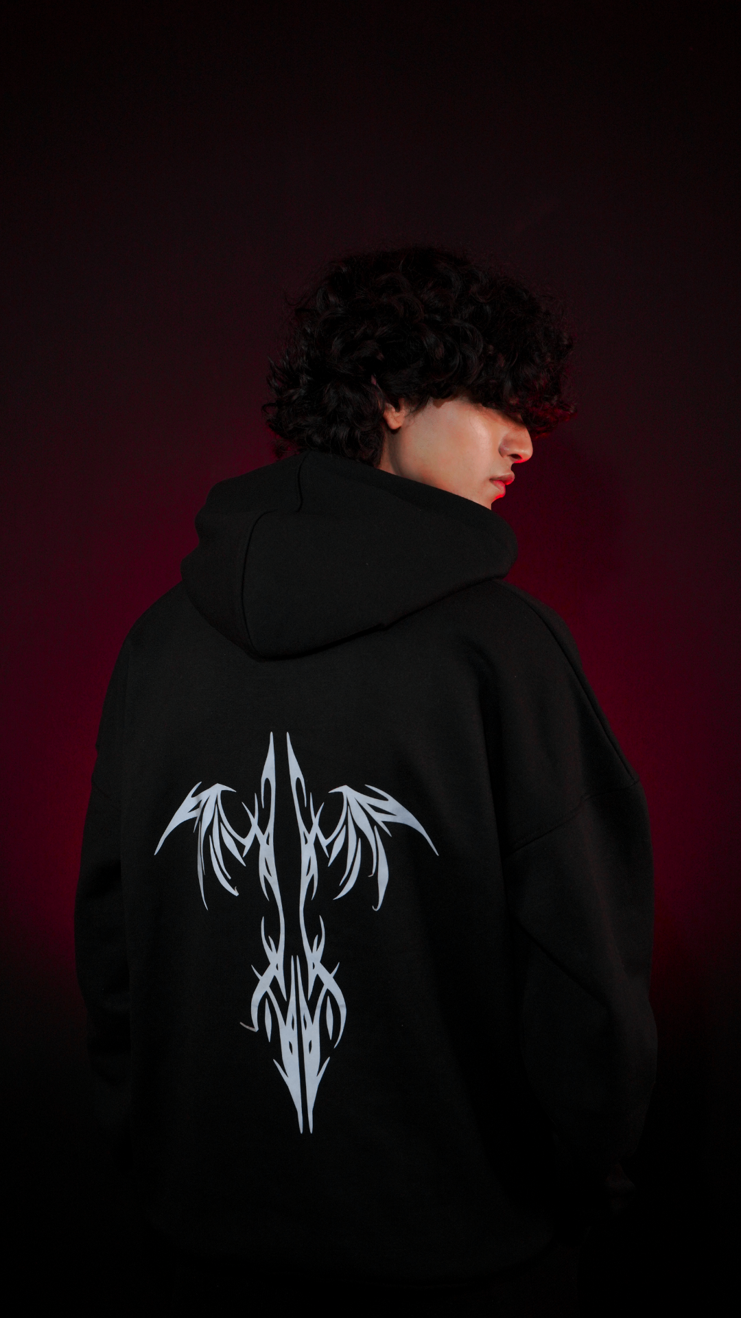 Lumen Wear Unisex Reflective Tribal Hoodie – Oversized Drop Shoulder (Black)