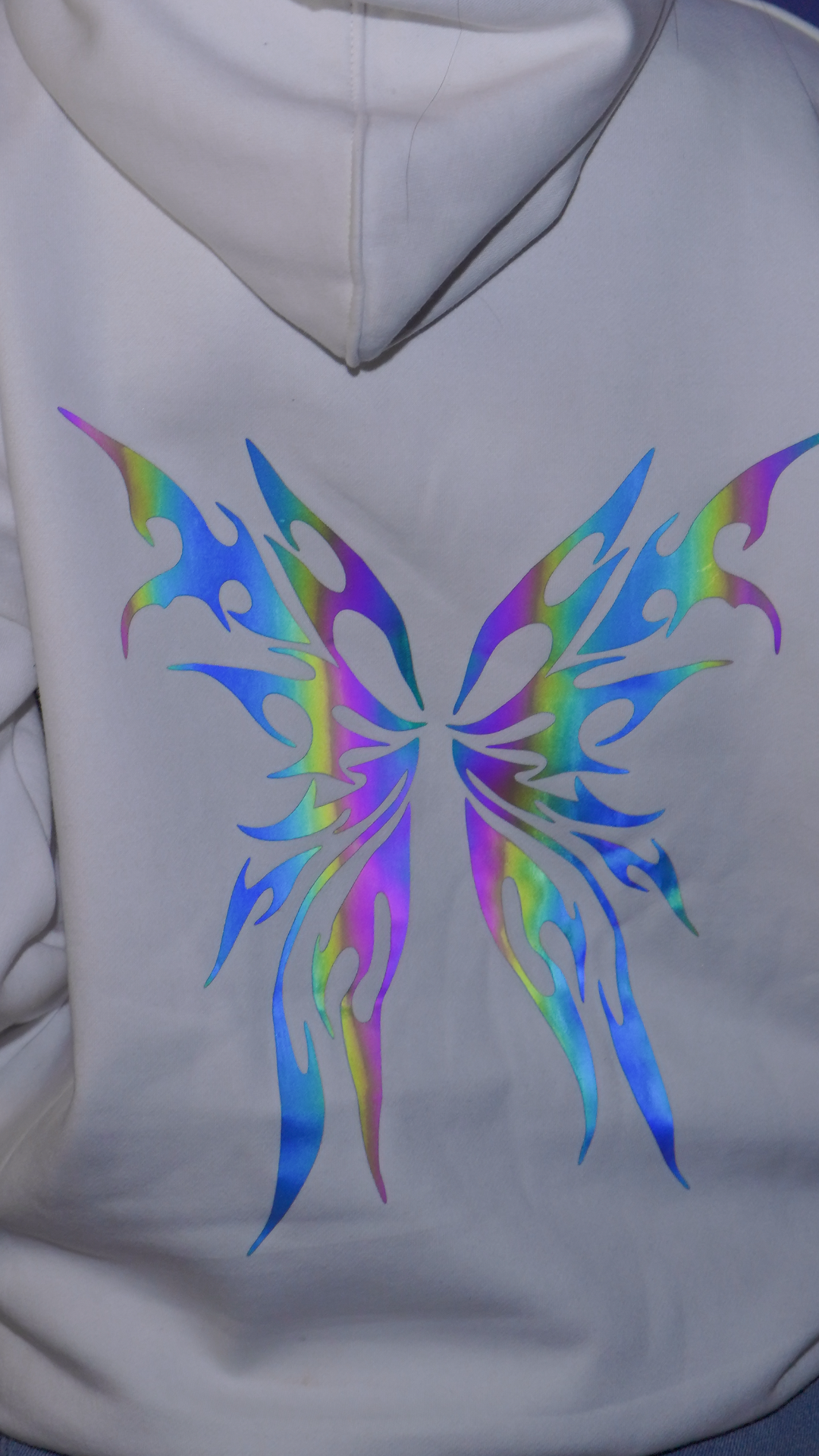 Luminwears Reflective Butterfly Graphic White Hoodie – Comfort Drop Shoulder | Designed for Girls & Ladies
